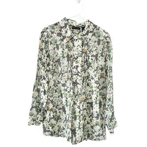 New York & Company Green Floral Watercolor Pleat Button-Front Blouse